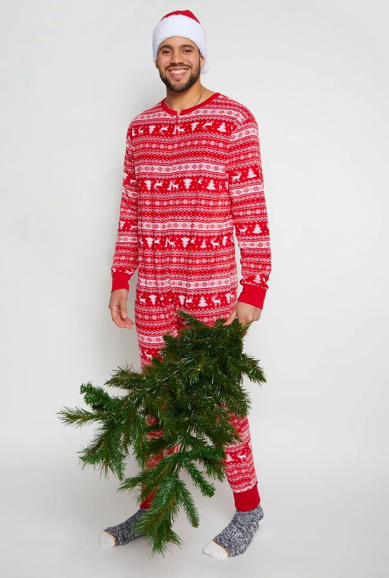 Mens Matching Santa Fair Isle Onesie Family Pajamas, Red, Size M