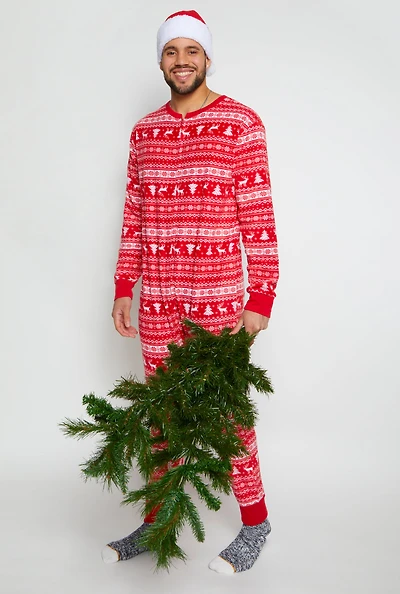 Mens Matching Santa Fair Isle Onesie Family Pajamas, Red, Size M