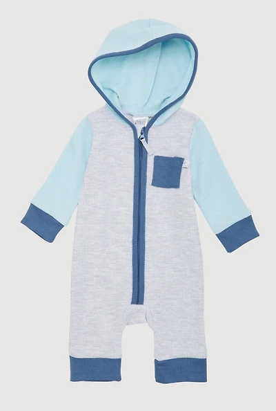 Baby Boys 0-9M Color Blocked Waffle Knit Hooded Jumpsuit, Blue, Size 0-3M