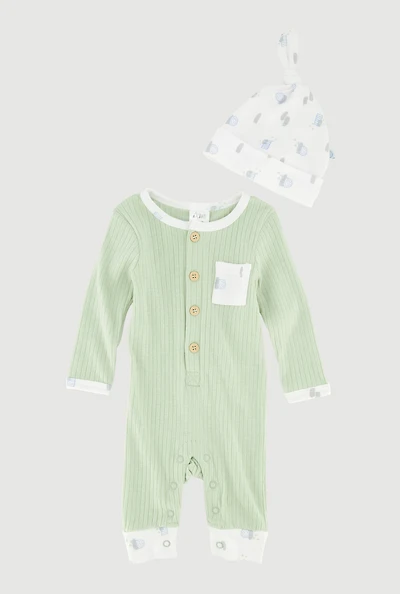 Baby Boys 0-9M Patterned Trim Rib Knit Jumpsuit with Hat, Green, Size 3-6M