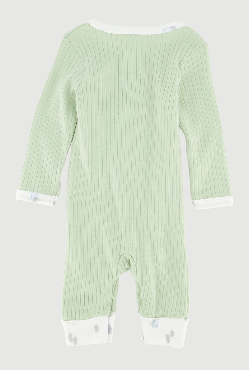 Baby Boys 0-9M Patterned Trim Rib Knit Jumpsuit with Hat, Green, Size 3-6M