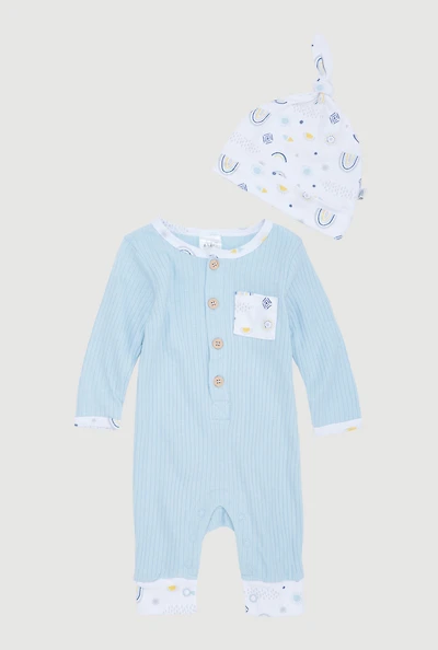Baby Boys 0-9M Ribbed Knit Patterned Jumpsuit with Hat, Blue,