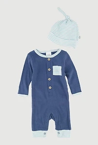 Baby Boys 0-9M Striped Trim Ribbed Knit Jumpsuit with Beanie, Blue, Size 0-3M