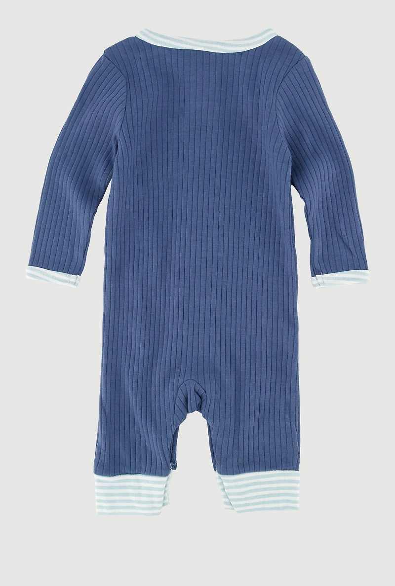 Baby Boys 0-9M Striped Trim Ribbed Knit Jumpsuit with Beanie, Blue, Size 0-3M