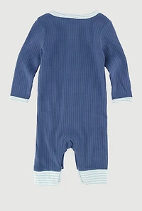Baby Boys 0-9M Striped Trim Ribbed Knit Jumpsuit with Beanie, Blue, Size 0-3M
