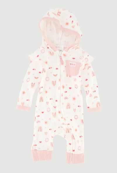 Baby Girls 0-9M Hearts and Rainbow Graphic Hooded Jumpsuit, White,