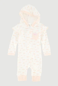 Baby Girls 0-9M Ribbed Knit Beautiful Graphic Hooded Jumpsuit, White, Size 3-6M