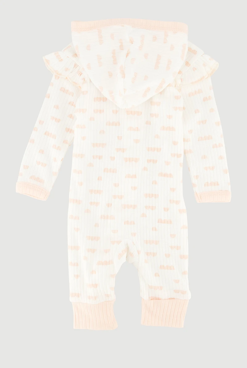 Baby Girls 0-9M Ribbed Knit Beautiful Graphic Hooded Jumpsuit, White, Size 3-6M