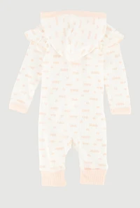 Baby Girls 0-9M Ribbed Knit Beautiful Graphic Hooded Jumpsuit, White, Size 3-6M