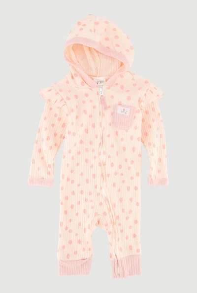 Baby Girls 0-9M Floral Graphic Polka Dot Print Hooded Jumpsuit, Pink, Size 3-6M