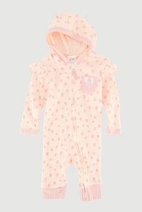 Baby Girls 0-9M Floral Graphic Polka Dot Print Hooded Jumpsuit, Pink, Size 0-3M