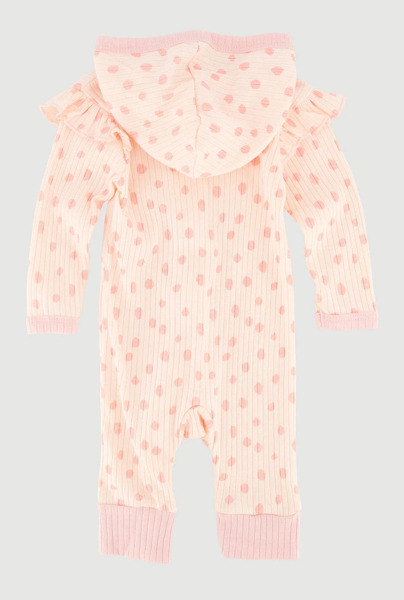 Baby Girls 0-9M Floral Graphic Polka Dot Print Hooded Jumpsuit, Pink, Size 0-3M