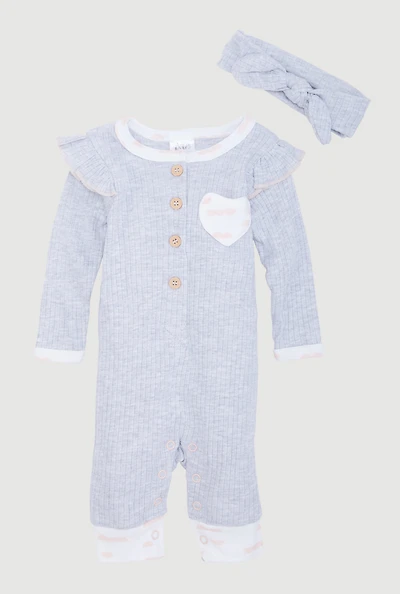 Baby Girls 0-9M Marled Heart Graphic Jumpsuit with Headband, Grey, Size 6-9M