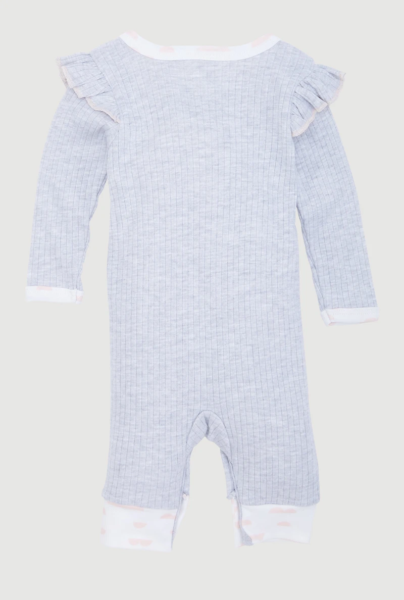 Baby Girls 0-9M Marled Heart Graphic Jumpsuit with Headband, Grey, Size 6-9M