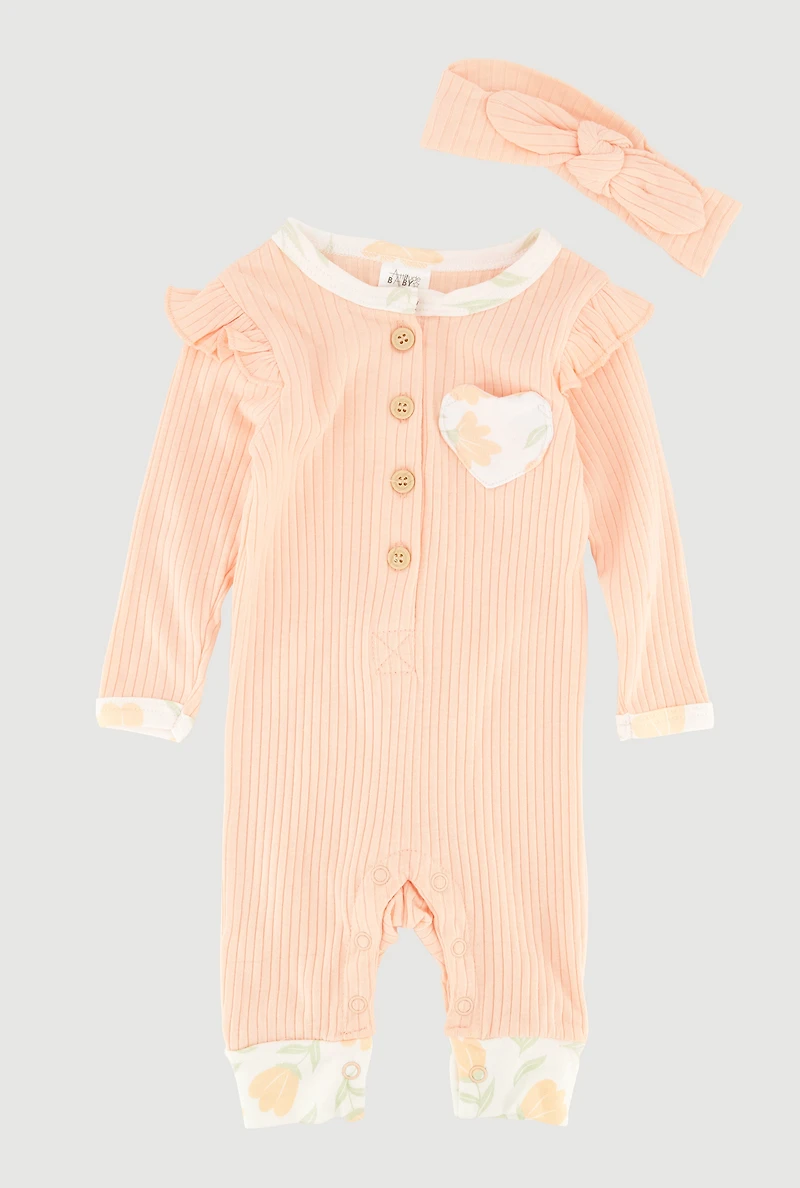 Baby Girls 0-9M Rib Knit Floral Trim Jumpsuit with Headband, Orange, Size 0-3M