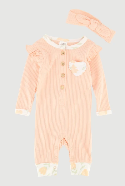 Baby Girls 0-9M Rib Knit Floral Trim Jumpsuit with Headband, Orange,