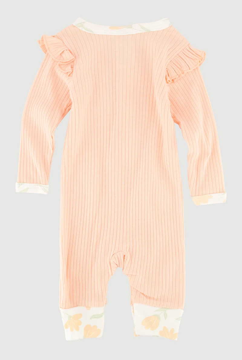 Baby Girls 0-9M Rib Knit Floral Trim Jumpsuit with Headband, Orange, Size 0-3M