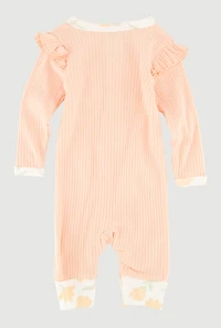 Baby Girls 0-9M Rib Knit Floral Trim Jumpsuit with Headband, Orange, Size 0-3M