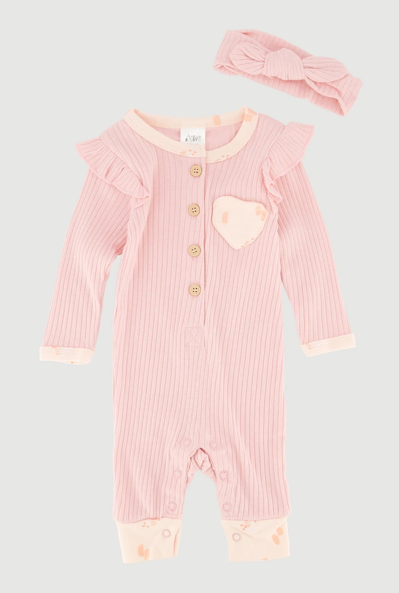 Baby Girls 0-9M Floral Print Trim Rib Knit Jumpsuit with Headband, Pink, Size 6-9M