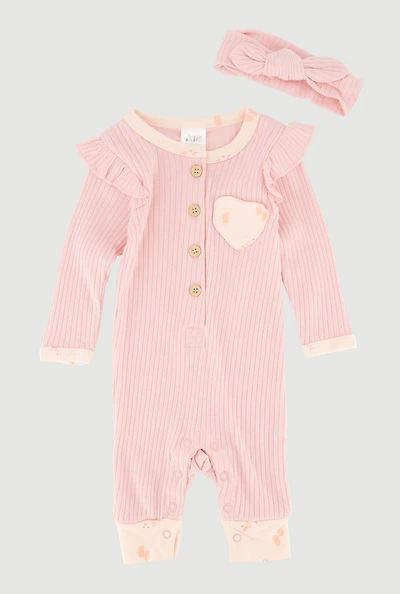 Baby Girls 0-9M Floral Print Trim Rib Knit Jumpsuit with Headband, Pink, Size 6-9M