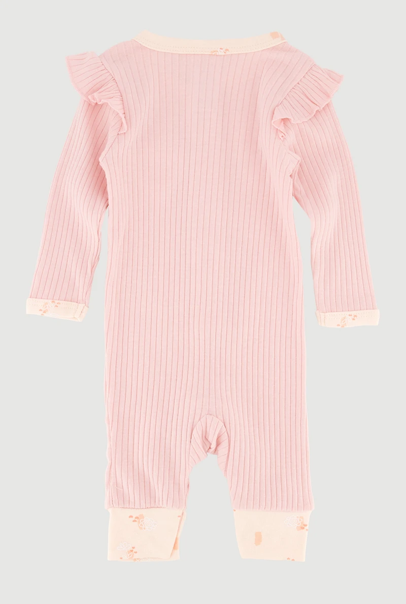 Baby Girls 0-9M Floral Print Trim Rib Knit Jumpsuit with Headband, Pink, Size 6-9M