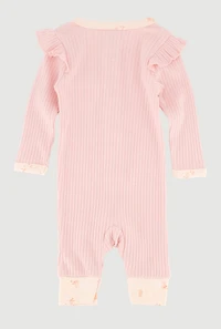Baby Girls 0-9M Floral Print Trim Rib Knit Jumpsuit with Headband, Pink, Size 6-9M