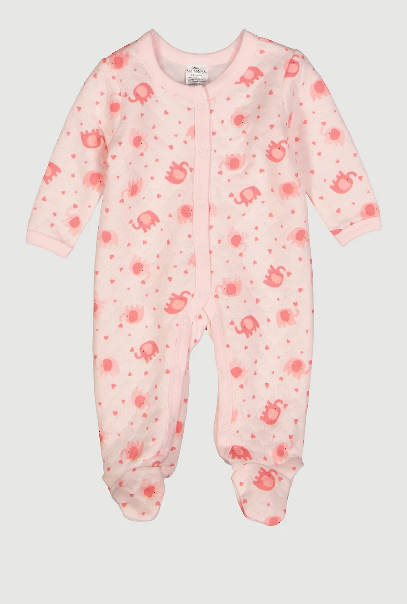 Baby Girls 0-9M Elephant Printed Pattern Quilted Footed Jumpsuit, Pink, Size 3-6M