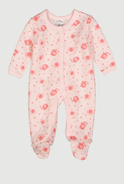 Baby Girls 0-9M Elephant Printed Pattern Quilted Footed Jumpsuit