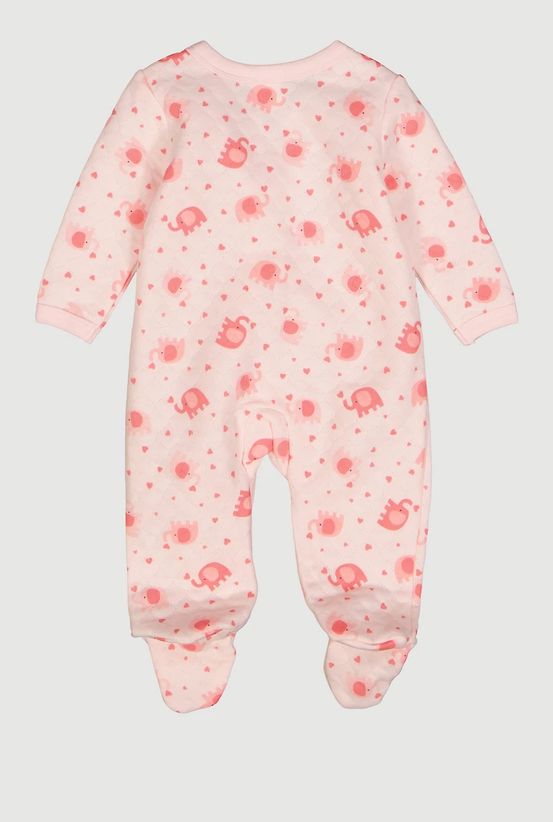 Baby Girls 0-9M Elephant Printed Pattern Quilted Footed Jumpsuit, Pink, Size 3-6M