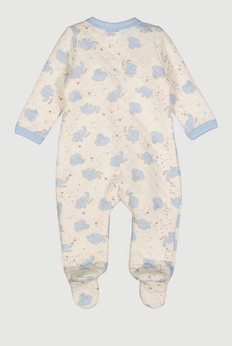 Baby Boys 0-9M Elephant Patterned Quilted Footed Jumpsuit, White, Size 3-6M