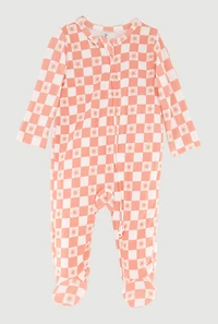Baby Girls 0-9M Flower Checkered Print Footed Jumpsuit, Pink, Size 3-6M