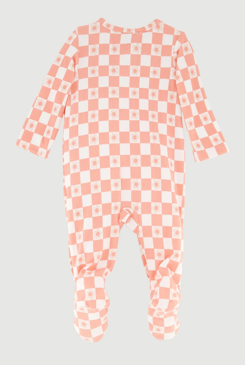 Baby Girls 0-9M Flower Checkered Print Footed Jumpsuit, Pink, Size 3-6M