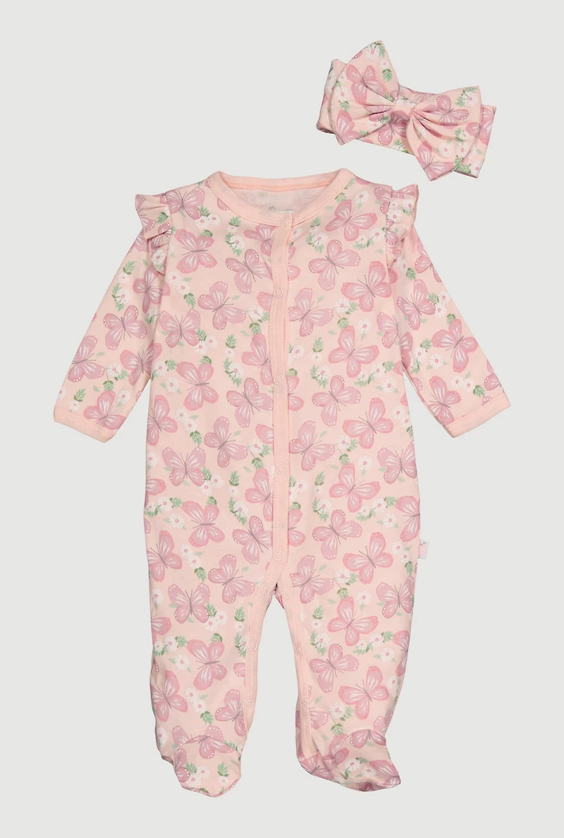 Baby Girls 0-9M Butterfly Print Footed Jumpsuit and Headband, Pink, Size 6-9M