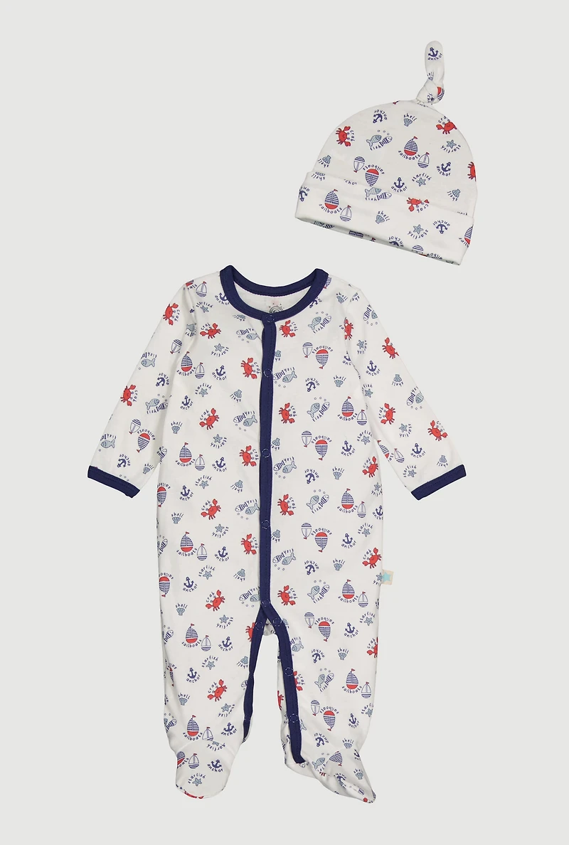 Baby Boys 0-9M Sailboats Print Footed Jumpsuit and Hat, White, Size 6-9M