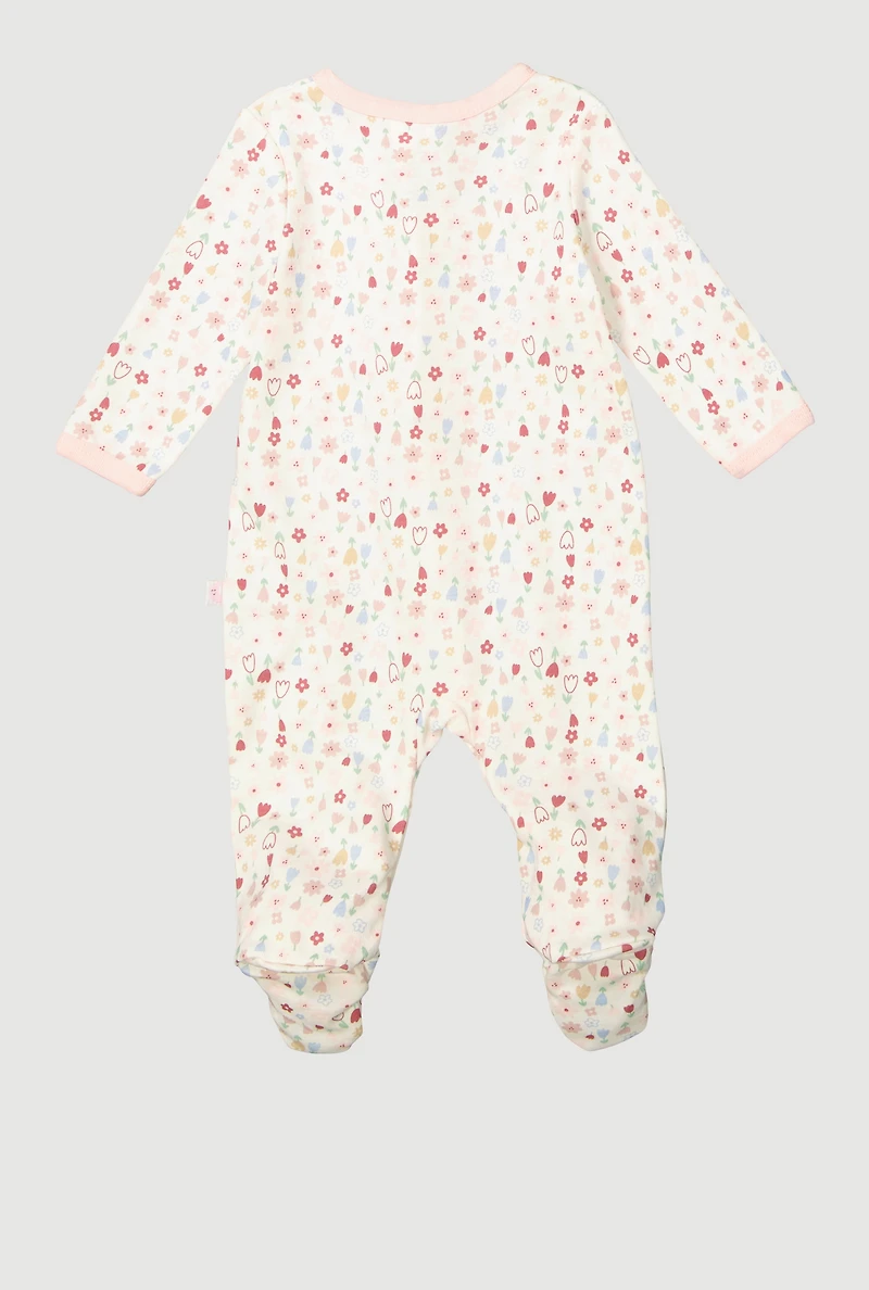 Baby Girls 0-9M Flower Print Footed Jumpsuit, White, Size 0-3M