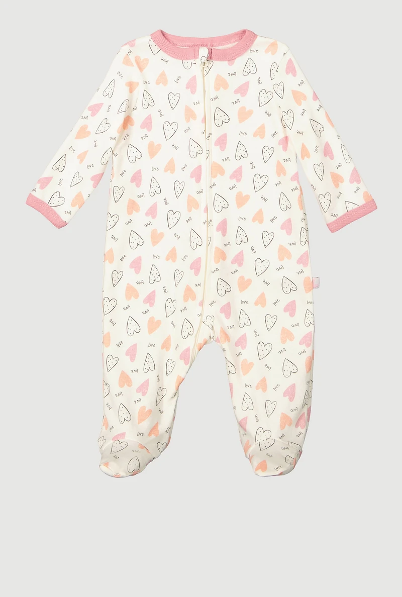 Baby Girls 0-9M Love Hearts Graphic Footed Jumpsuit, White,