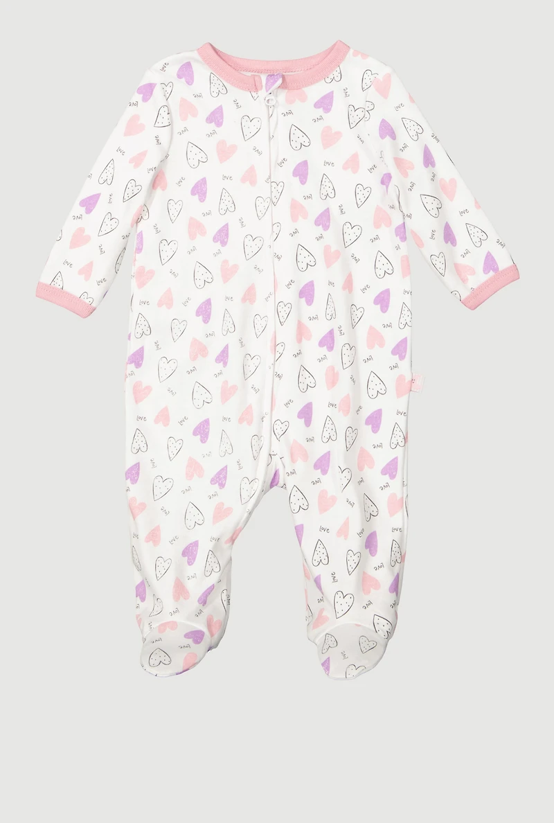 Baby Girls 0-9M Love Hearts Graphic Footed Jumpsuit, White, Size 3-6M