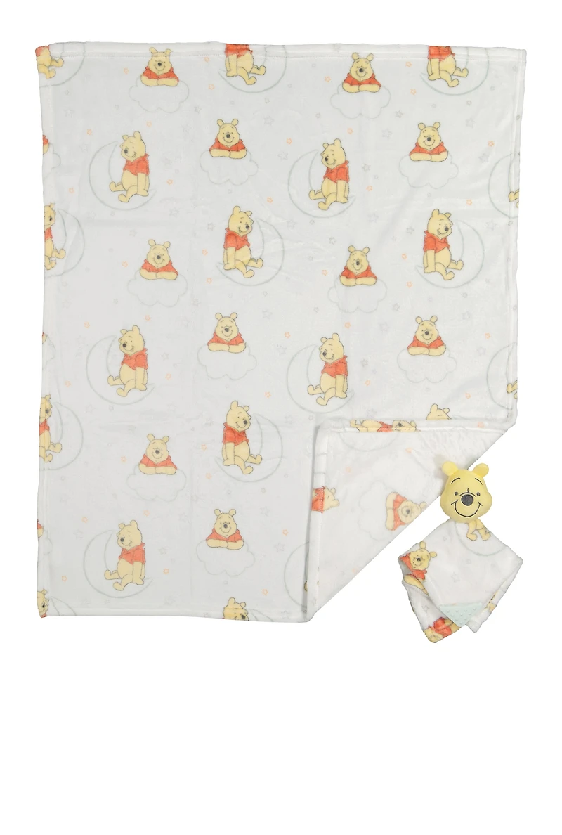 Baby Winnie The Pooh Plush Blanket with Teething Lovey, White