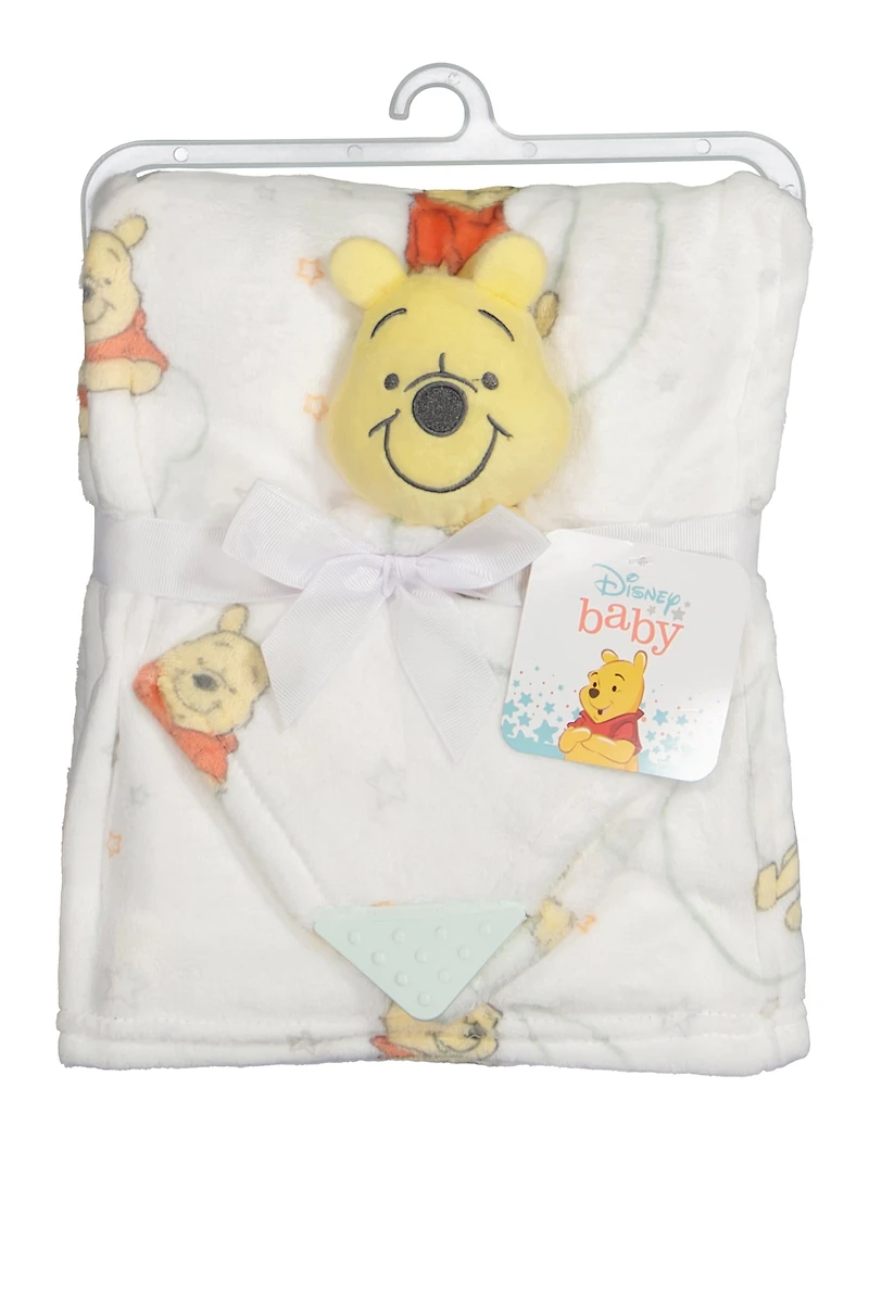 Baby Winnie The Pooh Plush Blanket with Teething Lovey, White