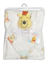 Baby Winnie The Pooh Plush Blanket with Teething Lovey, White