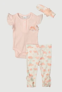 Baby Girls 0-9M Floral Dinosaur Bodysuit with Pants and Headband, Pink, Size 0-3M