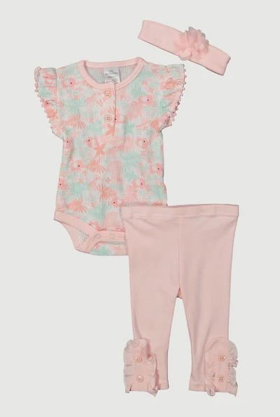 Baby Girls 0-9M Patterned Waffle Knit Bodysuit and Leggings with Headband