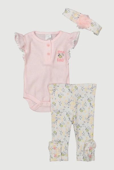 Baby Girls 0-9M Bee Bodysuit and Pants with 3D Headband, Pink, Size 0-3M