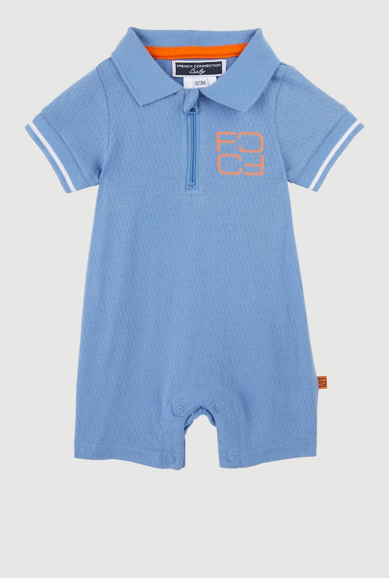 Baby 0-9M Zip Front Textured Knit Romper, Blue, Size 6-9M