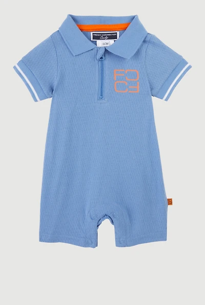 Baby 0-9M Zip Front Textured Knit Romper, Blue, Size 6-9M