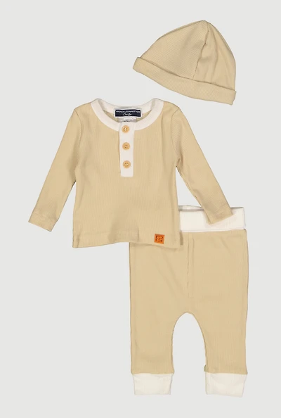 Baby Boys 0-9M Color Blocked Waffle Knit Top and Joggers with Hat, Beige, Size 6-9M