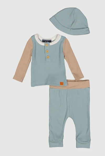 Baby Boys 0-9M Color Blocked Waffle Knit Top and Joggers with Hat, Blue, Size 0-3M