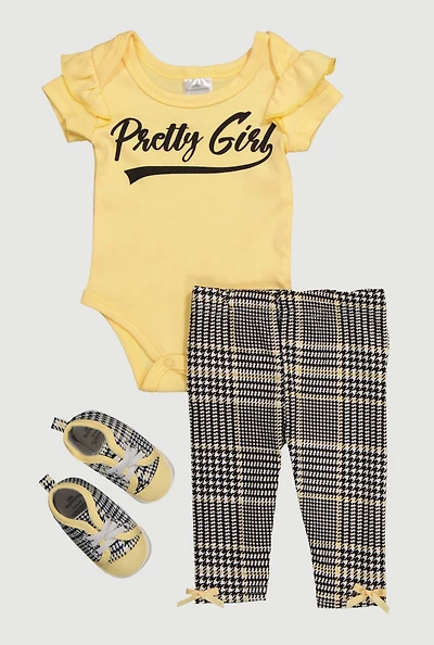 Baby Girls 0-9M Pretty Girl Bodysuit and Houndstooth Leggings with Shoes, Yellow,