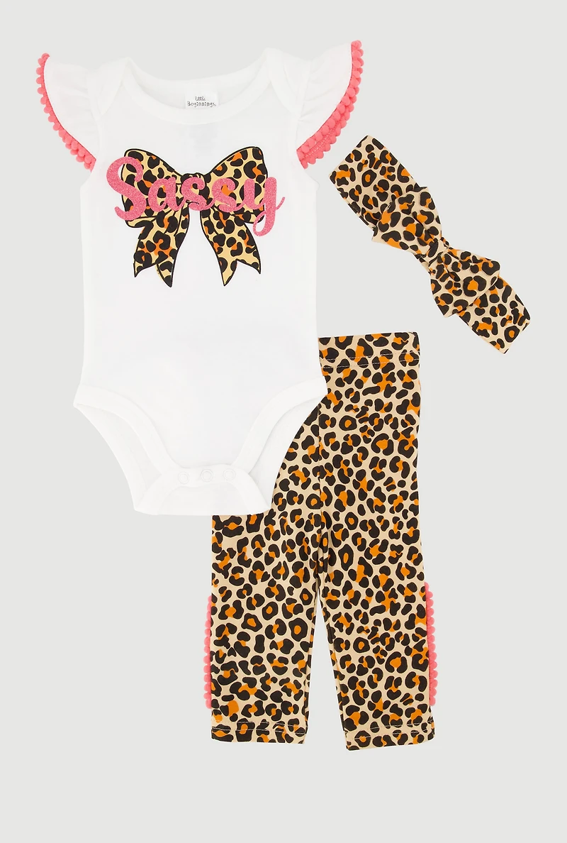 Baby Girls 0-9M Pom Pom Trim Leopard Print Set with Headband, Multi, Size 0-3M