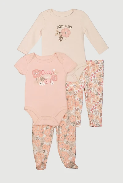 Baby Girls 0-9M Floral Graphic Bodysuits and Casual Pants 4 Pack, Pink,
